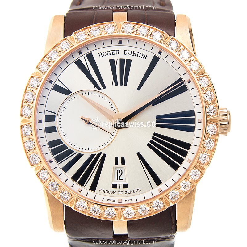 Roger Dubuis RDDBEX0483 EXCALIBUR - Auto - 18kt Rose Gold - Diamond Set - Silver Dial - Brown Alligator Strap