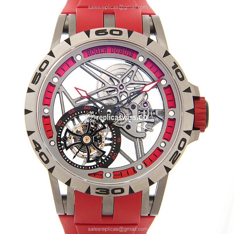 Roger Dubuis RDDBEX0545 Replica - Manual - Titanium Case - Skull Dial - Red Rubber Strap - Luxury Replica EXCALIBUR Watch