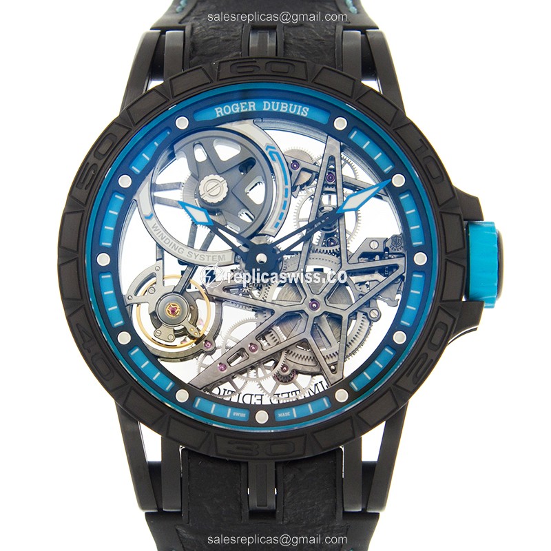 Roger Dubuis RDDBEX0575 Replica - Automatic Titanium Case - Skull Dial - Black Rubber Strap - Luxury Replica EXCALIBUR Watch
