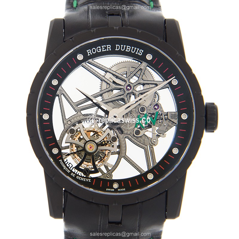 Roger Dubuis DBEX0581 EXCALIBUR - Automatic - Stainless Steel - Skull Dial - Black Leather Strap - Luxury Replica EXCALIBUR Watch