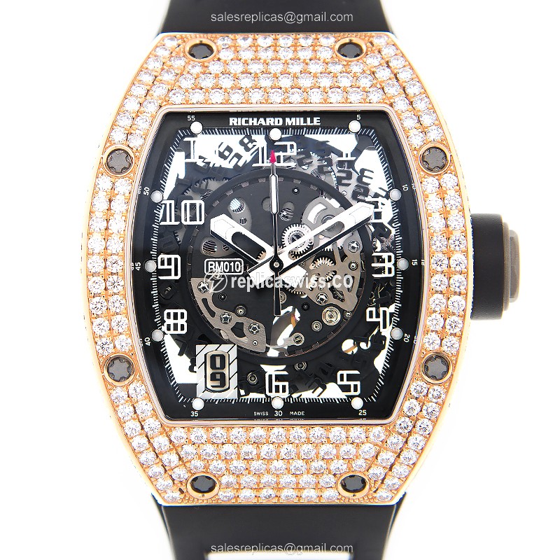 Richard Mille RM010-AH Replica - Automatic - 18kt Rose Gold - Diamond Dial - Black Rubber Strap