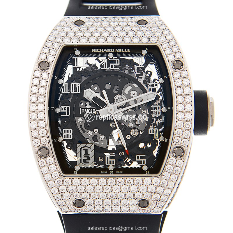 Richard Mille RM010 AH Replica - Automatic - 18kt White Gold - Diamond - Black Dial - Rubber Strap - Luxury Replica MAN SERIES Watch