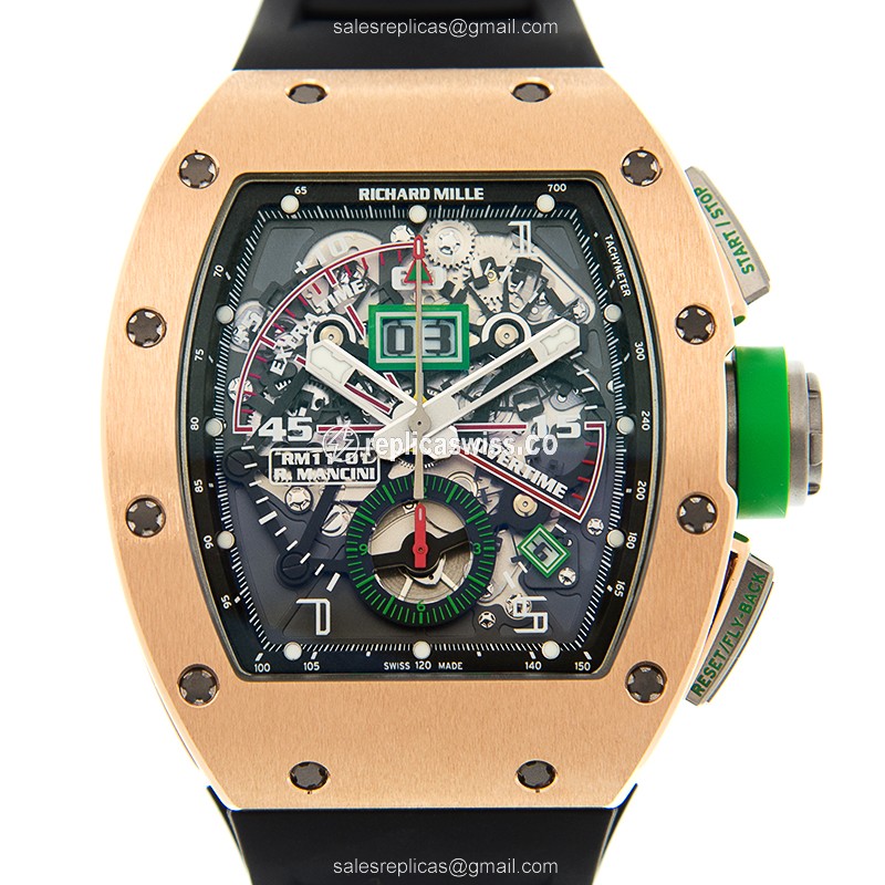 Richard Mille RM11-01 Replica - Automatic - 18kt Rose Gold - Black Dial - Rubber Strap