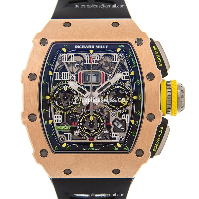 Richard Mille RM11-03-RG-TI - Automatic - 18kt Rose Gold - Black Dial - Rubber Strap - Premium Richard Mille Replica Watch - Front View