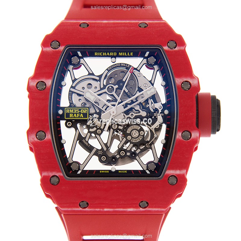 Richard Mille RM35-02 NADAL Carbon - Automatic - Silver Dial - Red Rubber Strap - Luxury Richard Mille Watch