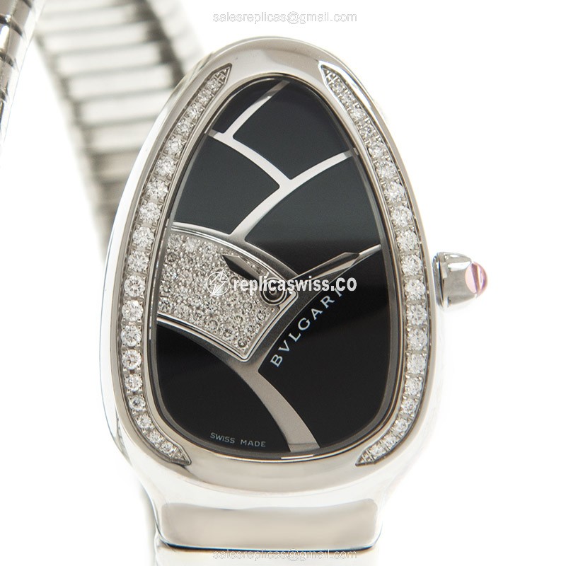 Bulgari Serpenti Quartz Replica - Diamonds - Black Dial - Silver Steel Bangle