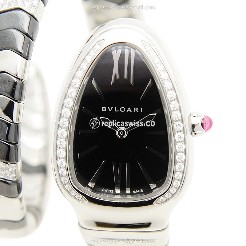 Bulgari SP35BSDBCSD1.1T Quartz - Diamond Case - Black Dial - Silver Steel Strap - Luxury Bulgari Watch