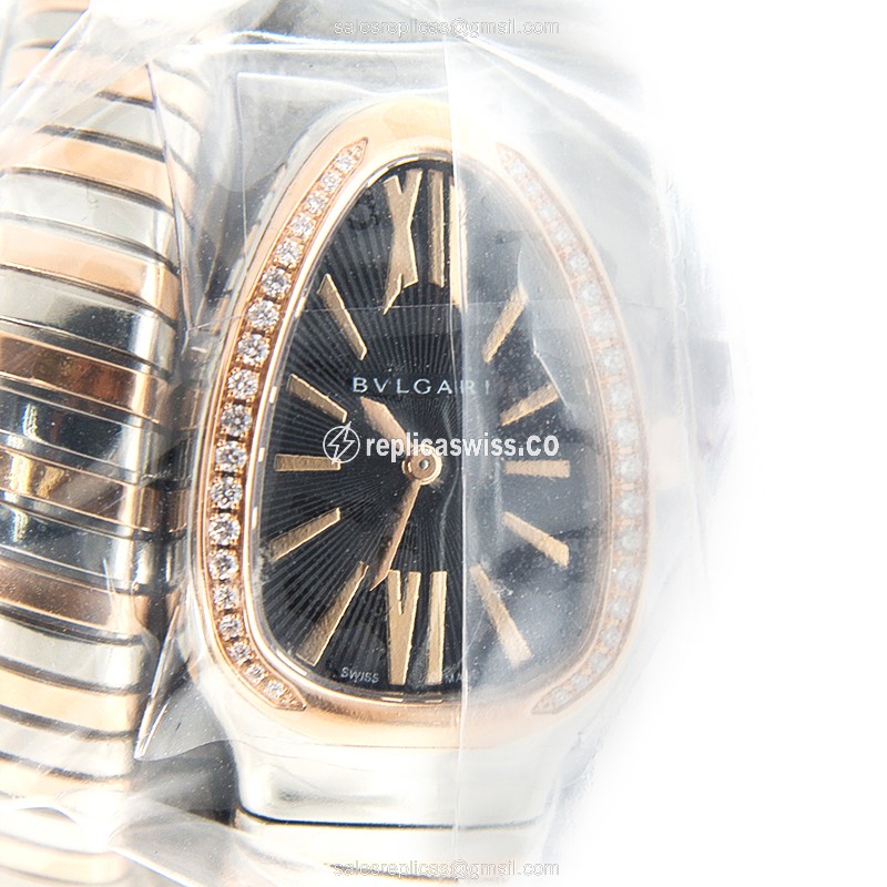 Bulgari Serpenti Replica - Quartz - 18kt Rose - Diamond - Black - Gold Bangle - Luxury Replica SERPENTI Watch