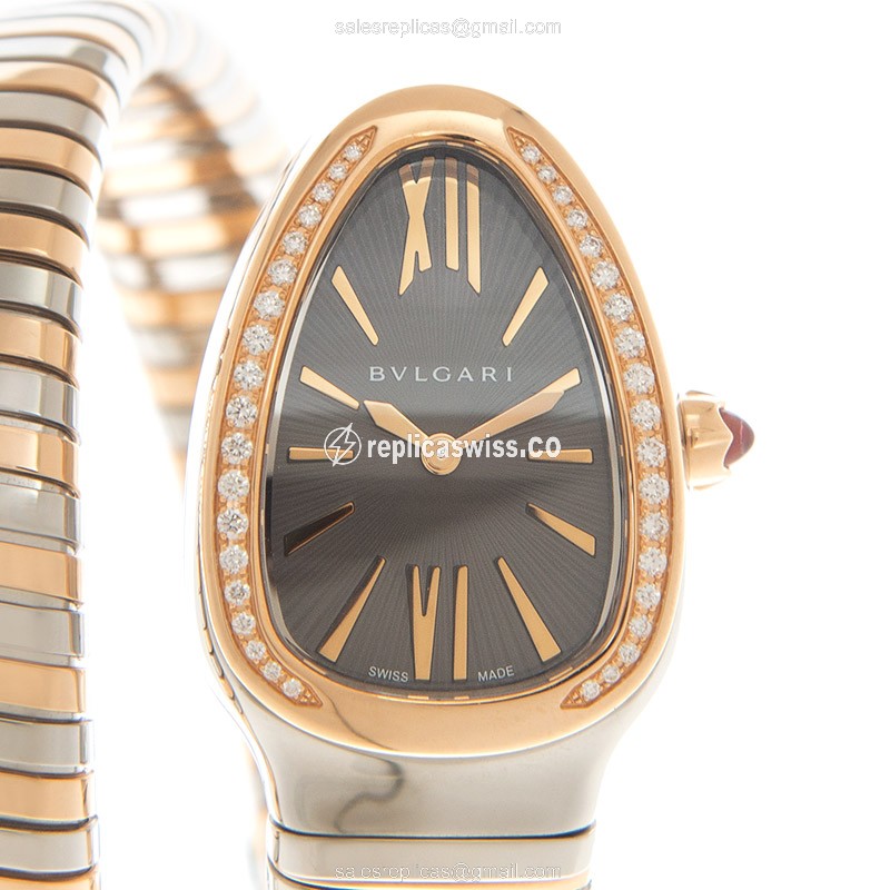 Bulgari Serpenti Tubogas Replica - Quartz - 18kt Rose Case - Gray Dial - Gold Bangle & Diamond