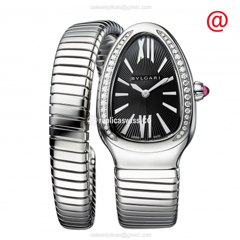 Bulgari Serpenti Tubogas Replica - Quartz - Diamond-Top - Black Dial - Silver Steel Bangle - Luxury Replica SERPENTI TUBOGAS Watch