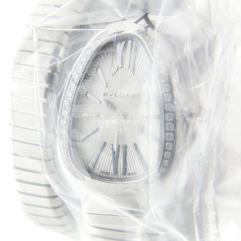 Bulgari Serpenti Tubogas Replica - Quartz - White Dial - Diamond Case - Silver Steel Bangle - Luxury Replica SERPENTI TUBOGAS Watch