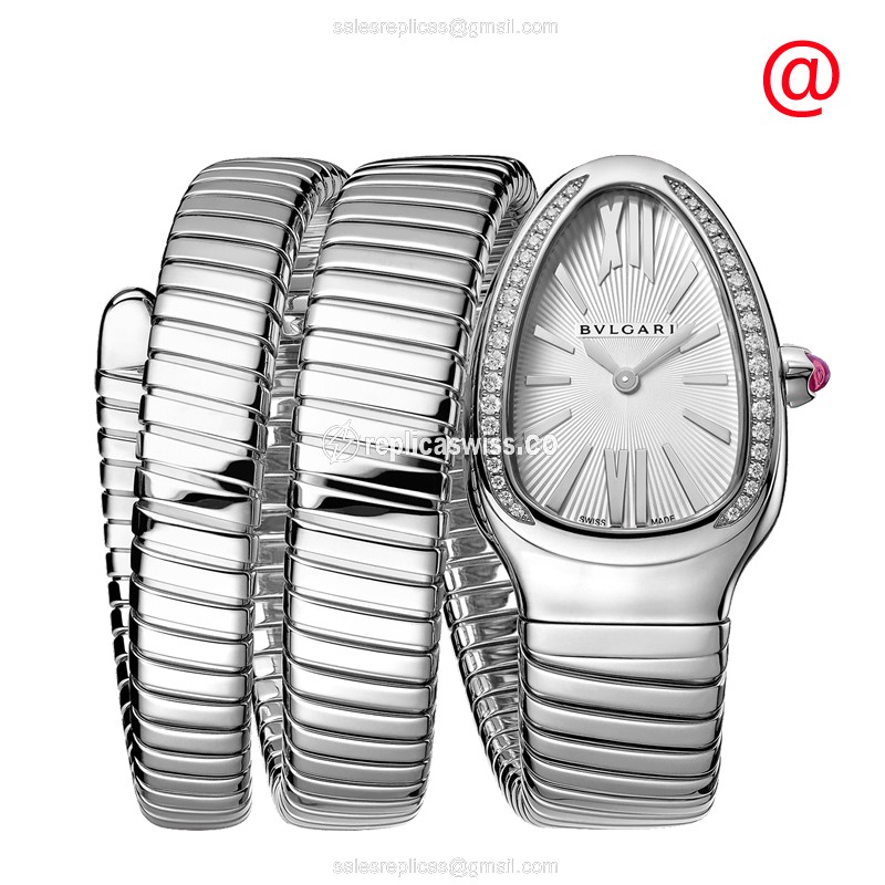 Bulgari Serpenti Tubogas Replica - Quartz - Stainless Steel & Diamond Case - White Dial - Silver Steel Bangle - Luxury Replica SERPENTI TUBOGAS Watch
