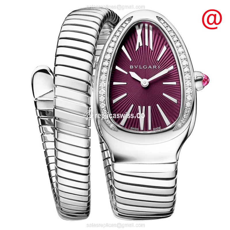 Bulgari 102529 Serpent Tubogas Replica - Quartz - Diamond Case - Purple - Silver Steel Bangle - Luxury Replica SERPENTI TUBOGAS Watch