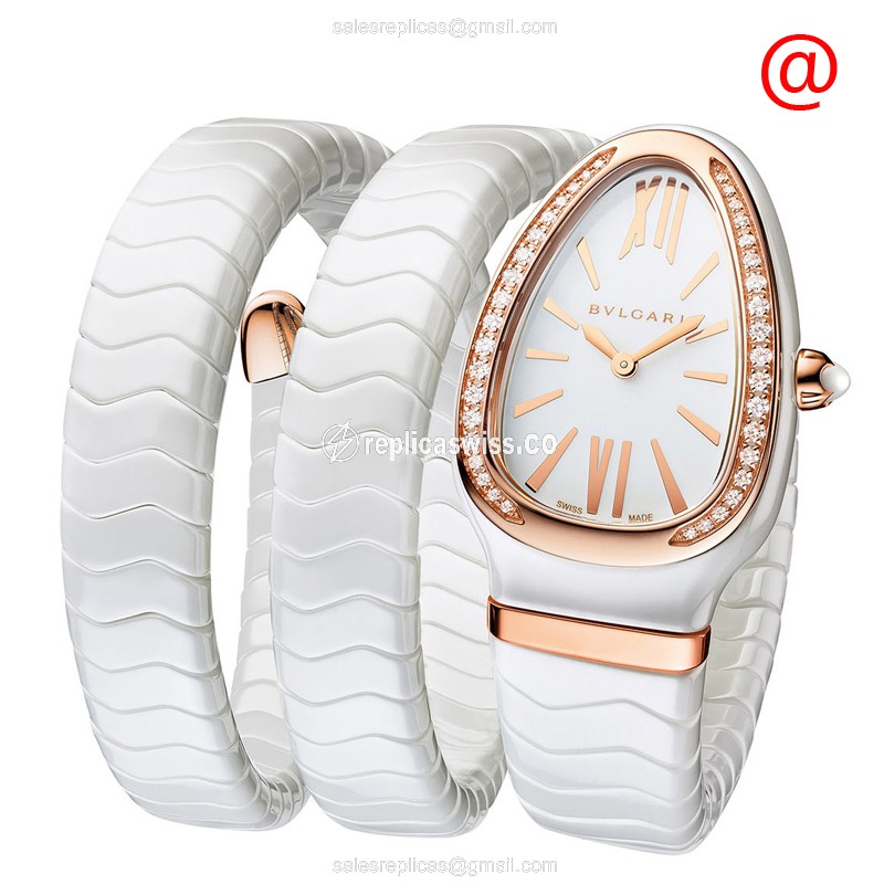 Bulgari Serpenti Spiuga Replica - Quartz - 18kt Rose Gold - Ceramic Case - White Dial & Bangle Clasp