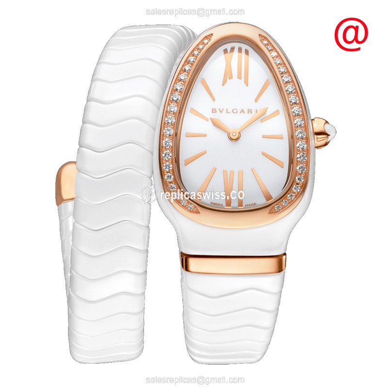 Bulgari Serpenti Quartz 18kt Rose Gold Diamond White Dial Bangle Clasp Ceramic Strap