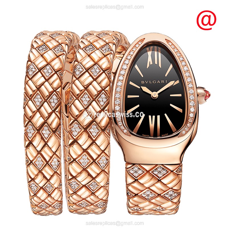 Bulgari Serpenti Spiga Quartz Replica - 18kt Rose Gold - Diamond Dial - Black - Bangle Clasp