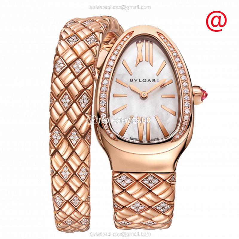 Bulgari Serpenti Spiga Replica - Quartz - 18kt Rose Gold Case - Diamonds - White Dial - Gold Bangle