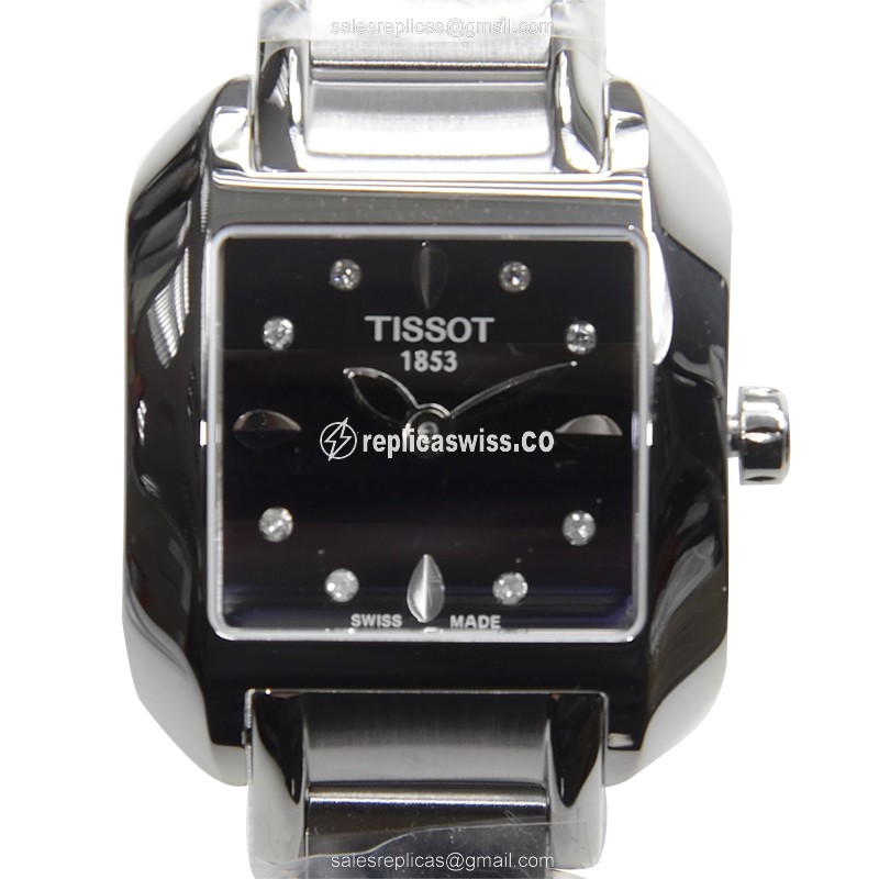 Tissot T-LADY Quartz - Black Dial - Steel Case - Silver Strap - Clasp - Luxury Replica T-LADY Watch