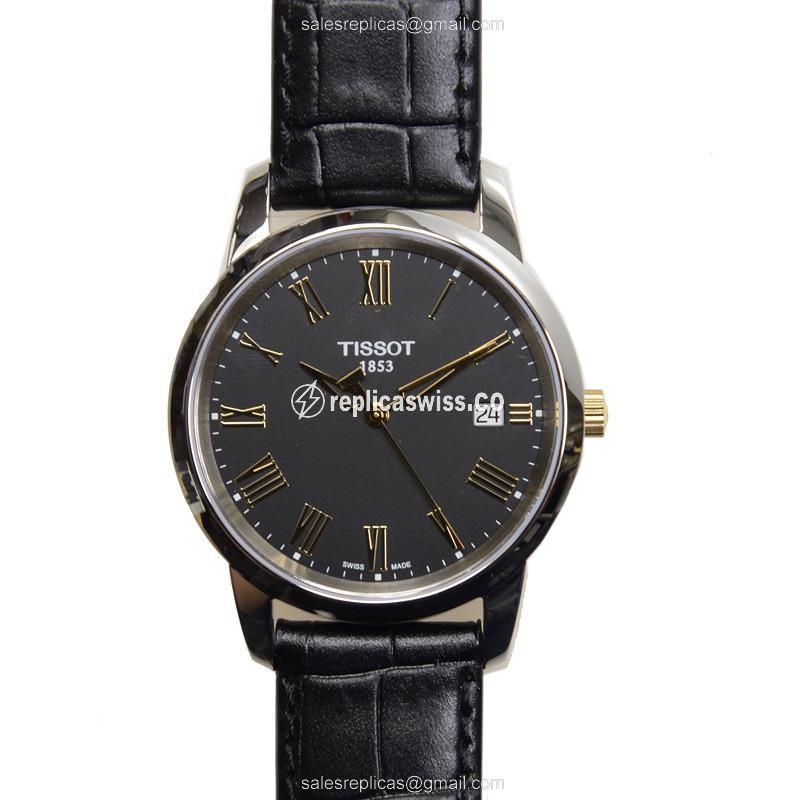 Rolex T-CLASSIC Quartz - Black Dial - Stainless Steel Case - Leather Strap - Buckle Clasp