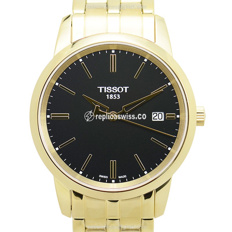 Tissot T-CLASSIC Quartz - Black Dial - Steel Case - Gold Strap - Clasp - 33mm