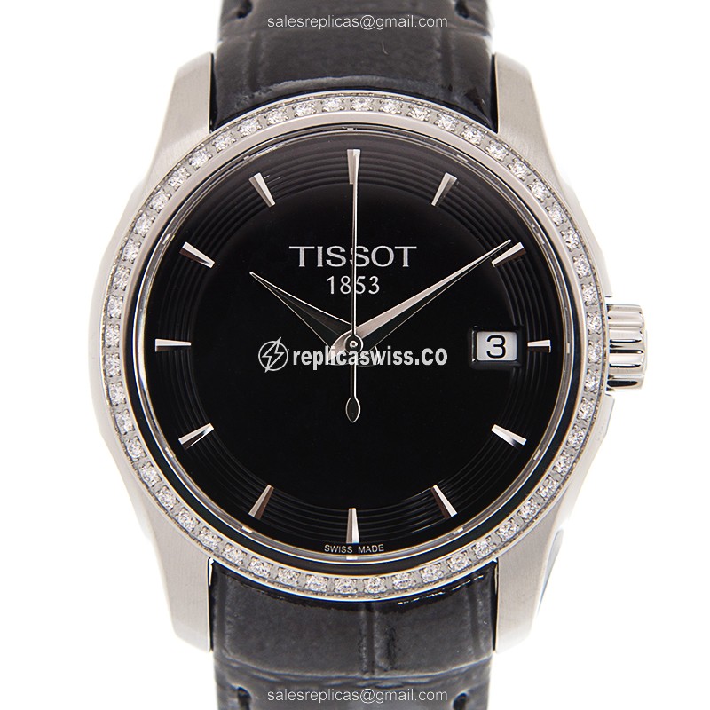 Rolex T-Classic Replica - Quartz - Stainless Steel - Diamonds - Black Dial - Leather Strap - Luxury Replica T-CLASSIC Watch