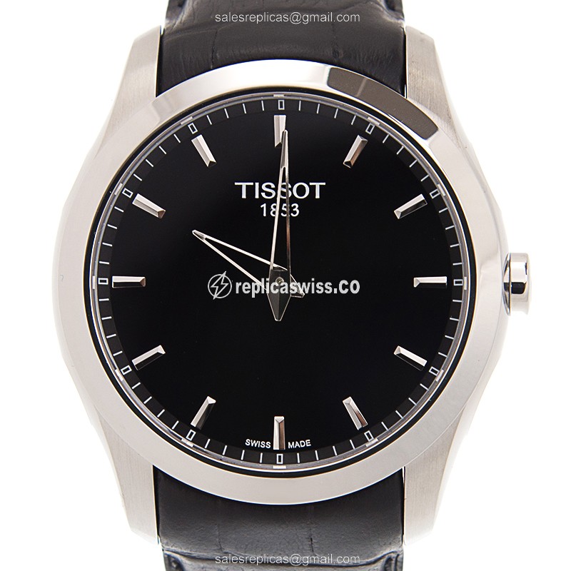 Rolex T-CLASSIC Replica - Quartz - Stainless Steel Case - Black Dial - Leather Strap
