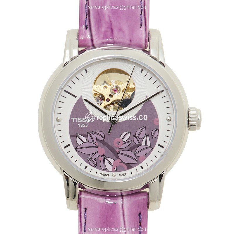 Tissot Lady Heart Replica - Automatic - White Dial - Steel Case - Purple Leather Strap - Luxury Replica LADY HEART Watch