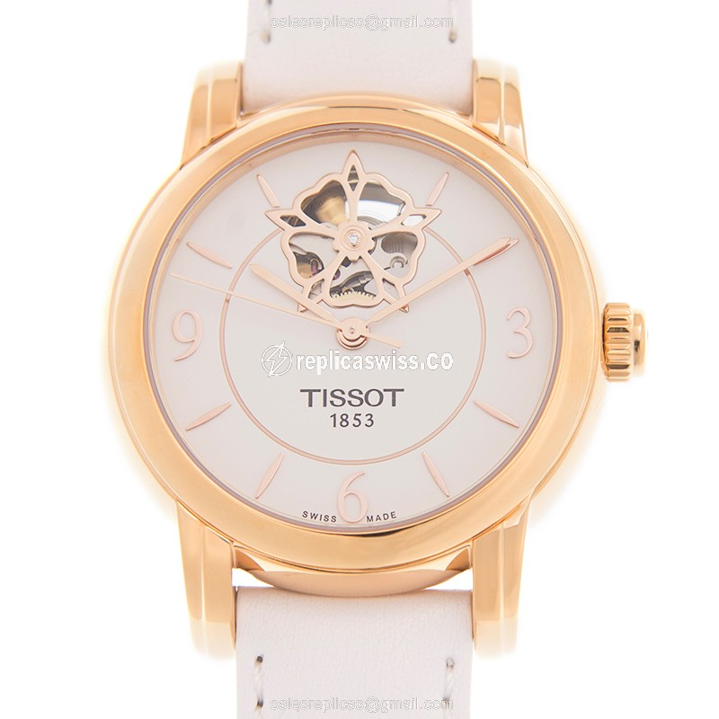 Tissot Lady Heart Replica - Automatic - 18kt Rose Gold - Steel Case - White Dial & Leather Strap - Luxury Replica LADY HEART Watch