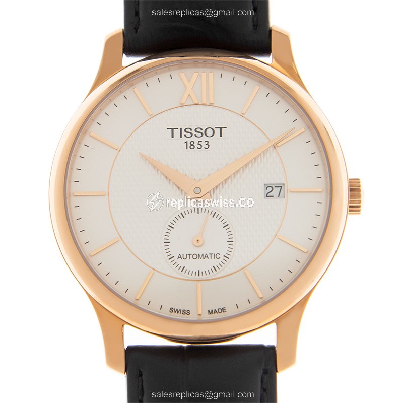 Rolex T-TRADITION Replica - Automatic - Gold-Plated - Steel Case - Silver Dial - Black Leather Strap - Luxury Replica T-TRADITION Watch