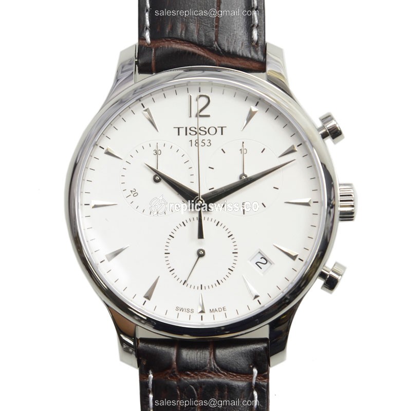 Rolex T-CLASSIC Quartz Replica - Stainless Steel Case - White Dial - Brown Leather Strap