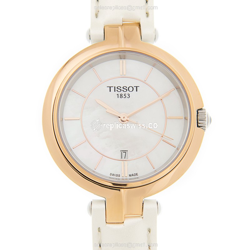 Tissot Flamingo Quartz 18kt Gold - White Dial - Leather Strap - White Clasp