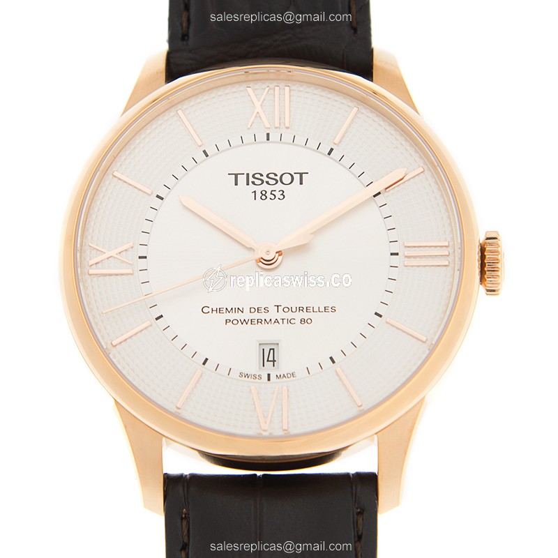 Tissot T-CLASSIC Replica - Automatic - 18kt Rose Gold - Silver Dial - Brown Leather Strap