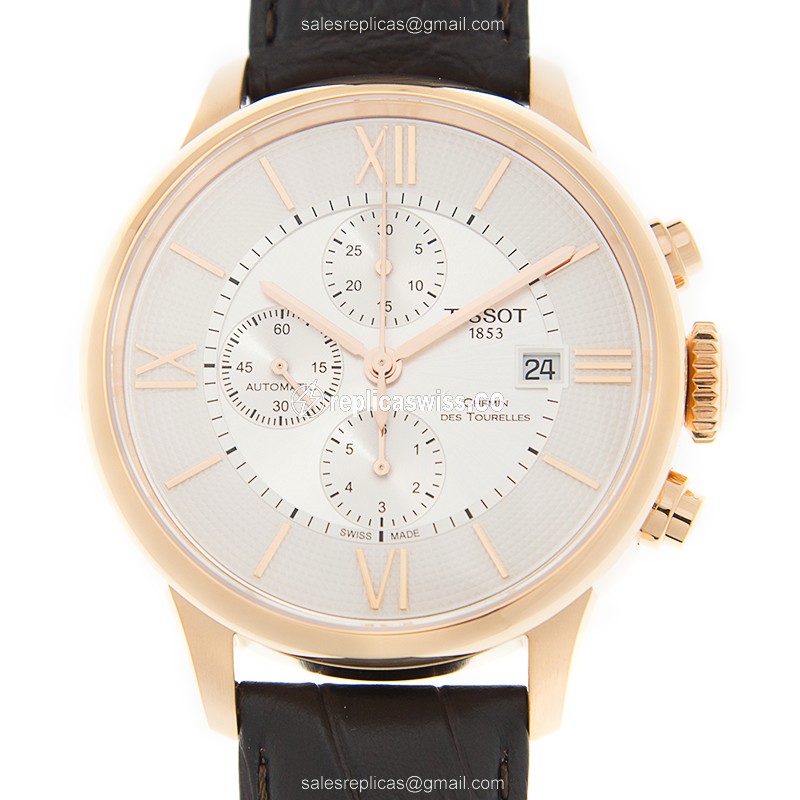 Rolex T-CLASSIC Replica - Automatic - 18kt Rose Gold - Silver Dial - Brown Alligator Strap