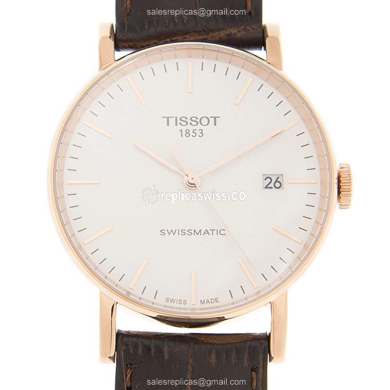 Rolex T-CLASSIC Automatic Replica - Gold PVD - White Dial - Brown Leather Strap
