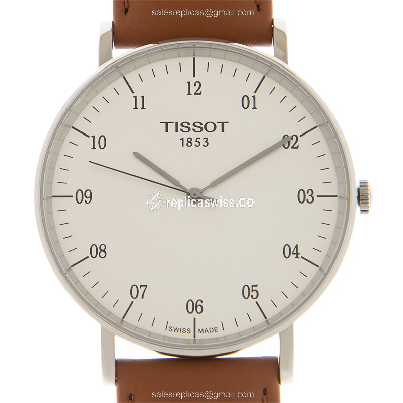 Tissot EVERYTIME Quartz Steel - Silver Dial - Brown Leather Strap - Buckle Clasp - Luxury Replica EVERYTIME Watch
