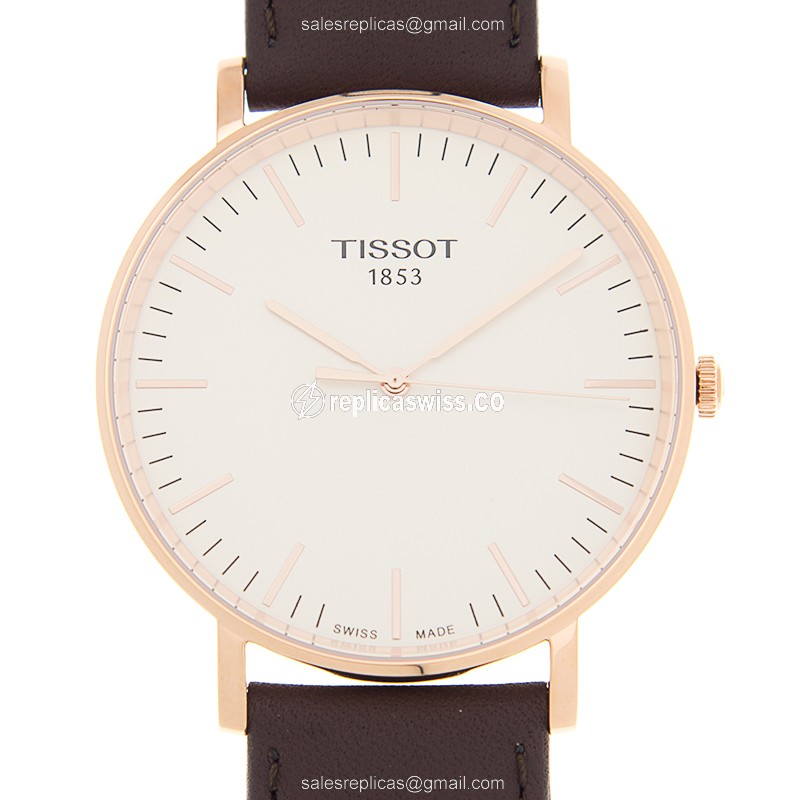 Tissot T-CLASSIC Replica - Quartz - 18kt Rose Gold - White Dial - Leather Brown Strap
