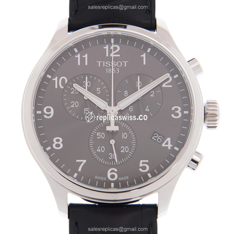 Tissot Chrono XL Quartz Steel Gray Dial Black Leather Strap Buckle Clasp Replica Watch