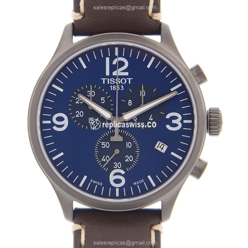 TISSOT CHRONO XL Replica - Quartz - Blue Dial - Leather Brown Strap - Buckle