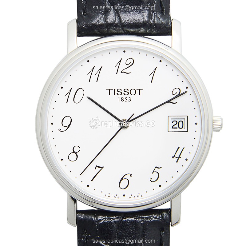 Rolex T-Classic Replica - Quartz - White Dial - Stainless Steel - Black Leather Strap - Buckle Clasp