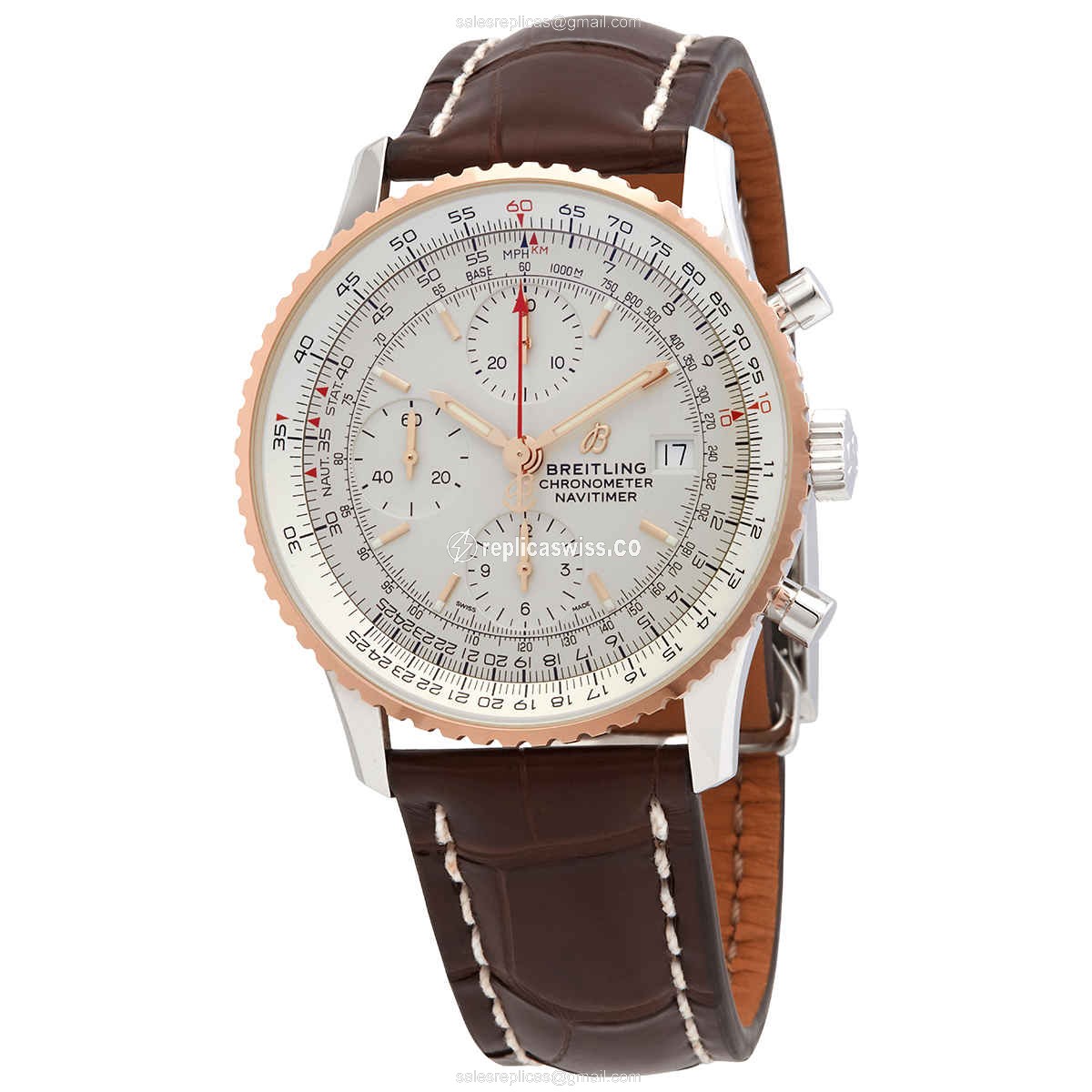 Navitimer 1 Replica - Automatic - Stainless Steel - Silver Dial, Brown Alligator Strap