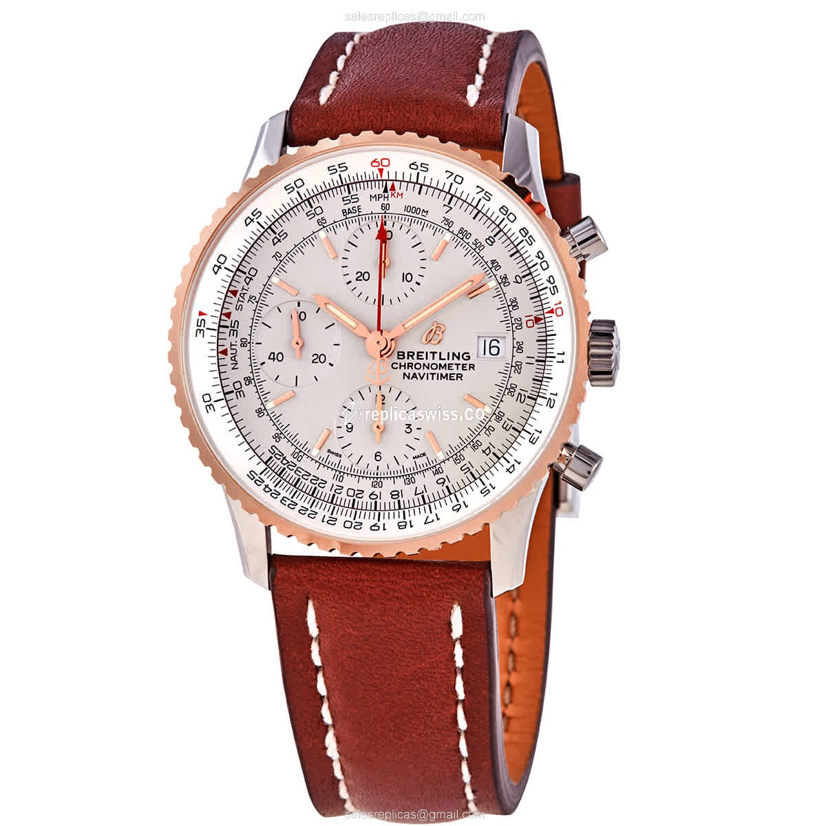 Breitling NAVITIMER 1 Replica - Automatic - Rose Gold & Steel - Silver Dial - Brown Leather Strap - Buckle Clasp - Luxury Replica NAVITIMER 1 Watch