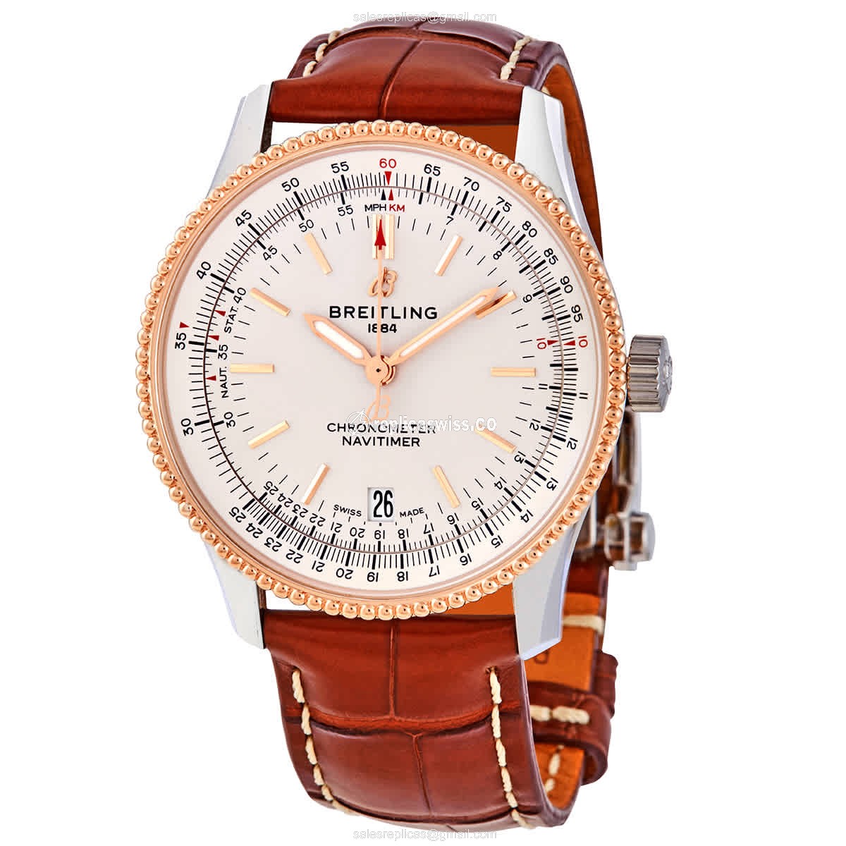 Breitling Replica NAVITIMER 1 - Automatic 18kt Rose/Steel - Silver Dial - Brown Alligator Strap - Luxury Replica NAVITIMER 1 Watch