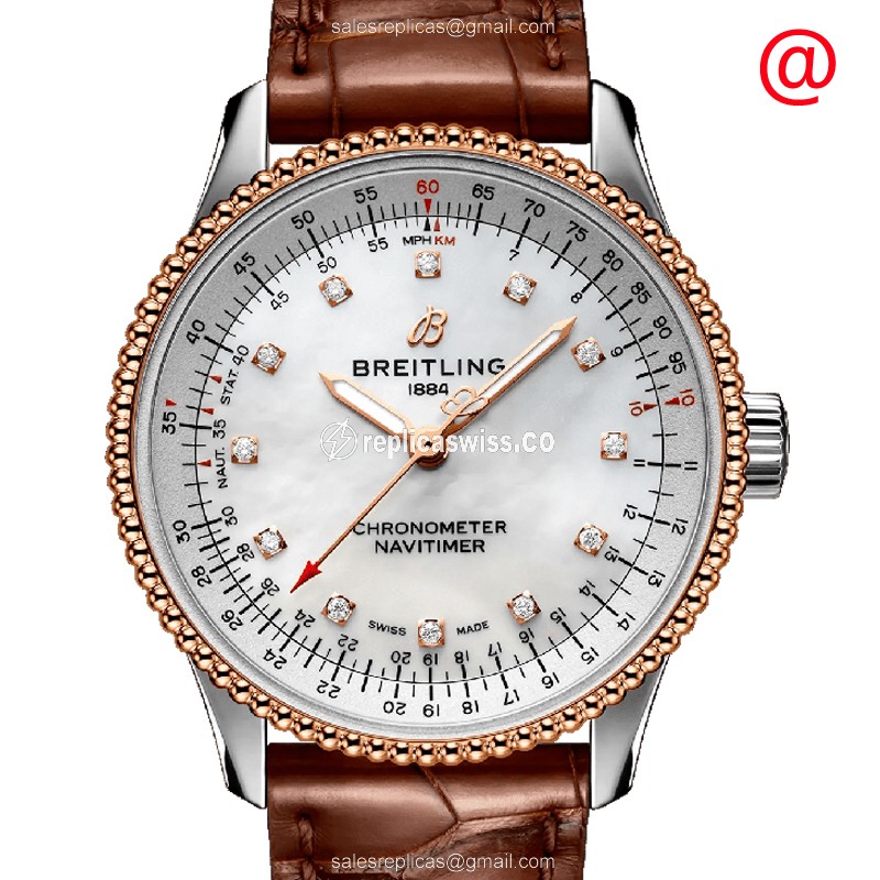 Breitling U17395211A1P2 Replica - Automatic - 18kt Rose Gold/Steel - White Dial - Brown Alligator Strap