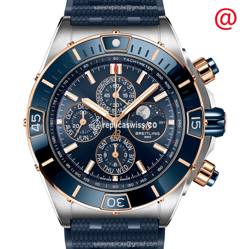 Breitling U19320161C1S1 CHRONOMAT Replica - Automatic - Rose Gold - Steel - Blue Dial - Blue Rubber Strap - Buckle Clasp - Luxury Replica CHRONOMAT B01 Watch