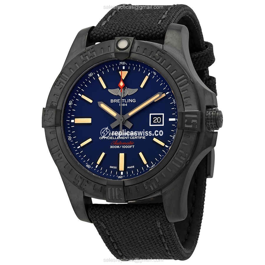 Breitling Avenger II Replica - Automatic - Titanium Case - Blue Dial - Black Canvas Strap