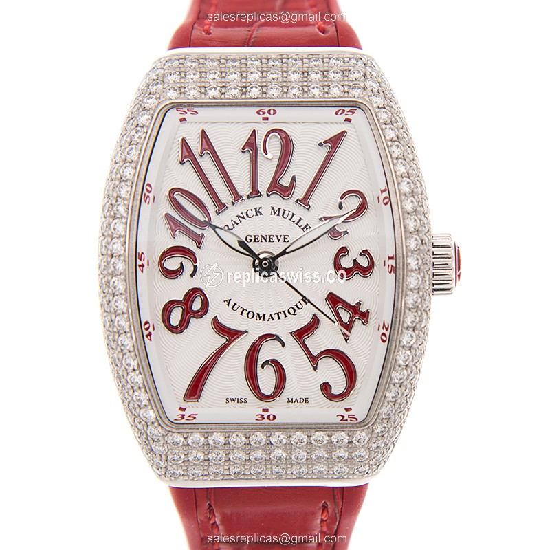 Franck Muller V 29 SC AT FO D VANGUARD Auto Stainless Diamonds White Dial Red Alligator Buckle