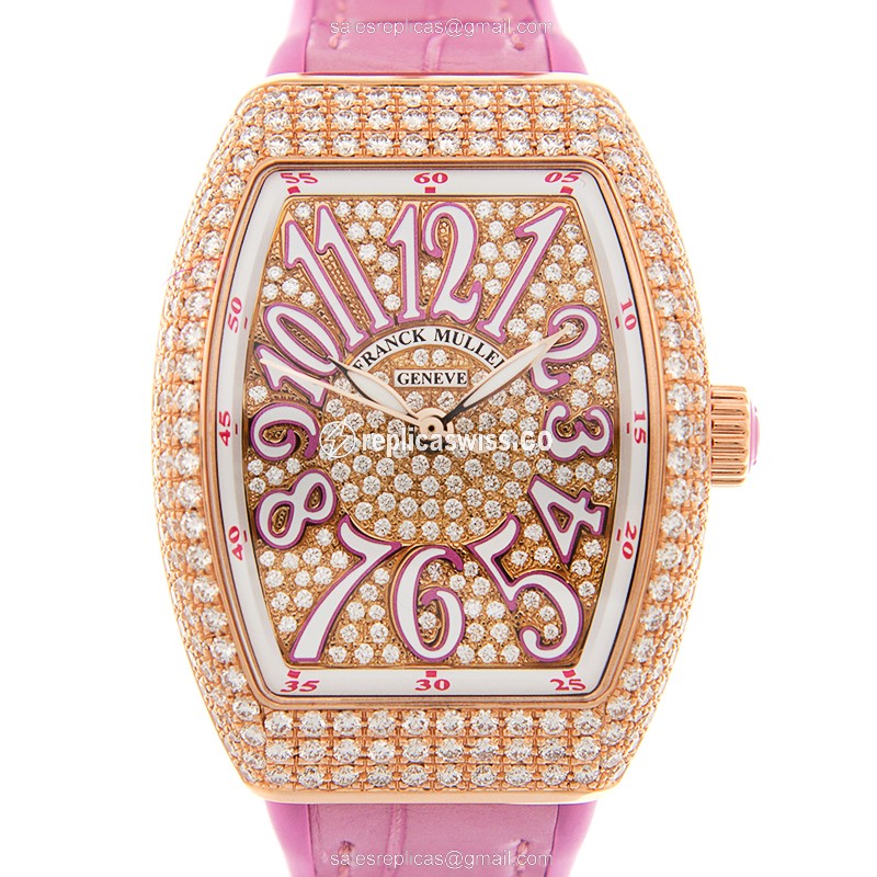 Franck Muller V29SCATFODCD Vanguard Auto 18kt Rose Gold Diamonds - Gold Dial - Alligator Purple Buckle - Luxury Replica VANGUARD Watch
