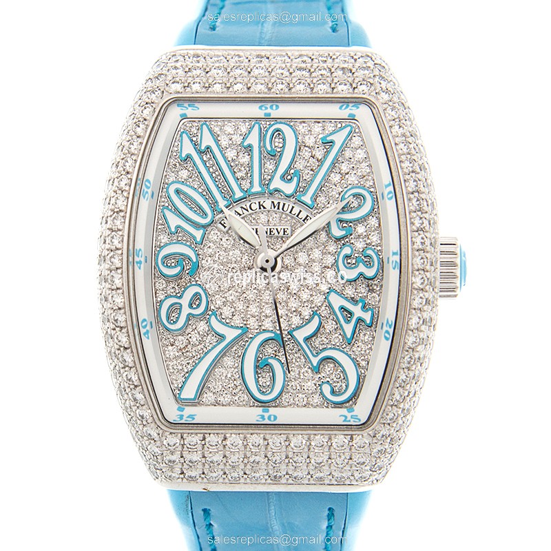 Franck Muller V 29 SC AT FO D CD Vanguard - Automatic - Diamond Case - Silver Dial, Blue Alligator Strap