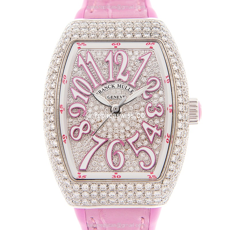 Franck Muller V29 SC AT FO D CDAC.RS Vanguard Auto Stainless & Diamond - Pink Alligator Buckle