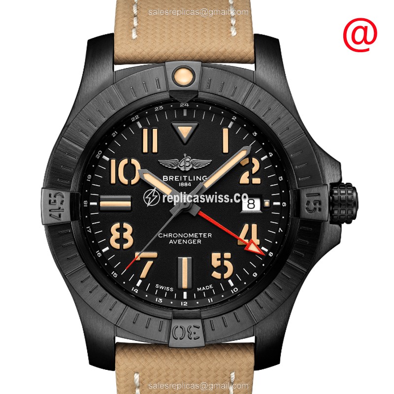 Breitling V32395101B1X2 Replica - Automatic - Titanium Case - Black Dial - Brown Cowhide Strap - Luxury Replica AVENGER II Watch